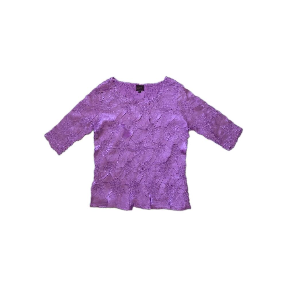 Colour Works Purple Floral Textured Crinkle Short Sleeve Blouse Top Size M EUC
